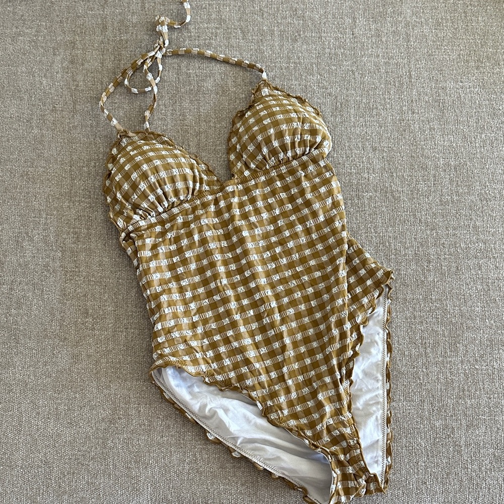 J. Crew Mustard Yellow and White Gingham One-Piece Swimsuit